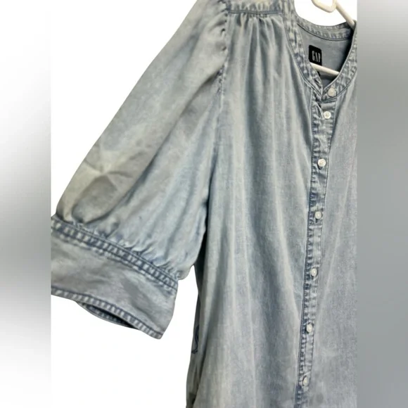 GAP Blue Midi Dress with Puff Sleeves and Mandarin Collar - Picture 3 of 9